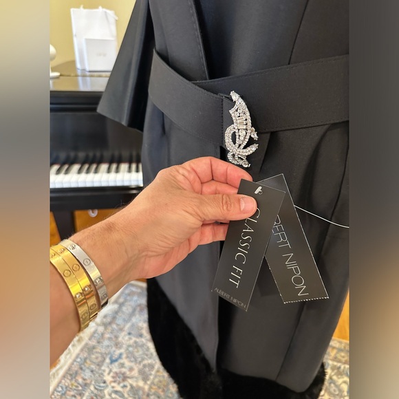 NWT Luxury Party Minimalist Vintage Albert Nipon Faux Fur Trim Coat Jeweled Belt - Picture 12 of 12